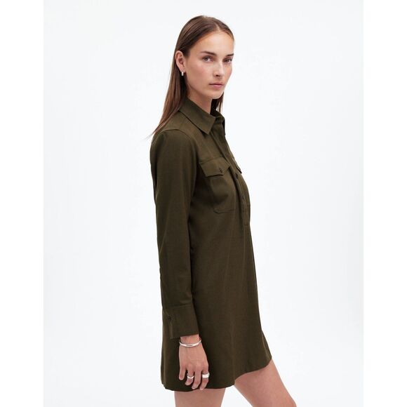 NWT Madewell Women's Button-Up Mini Shirtdress in Dark Olive Melange Size Small - Picture 3 of 15